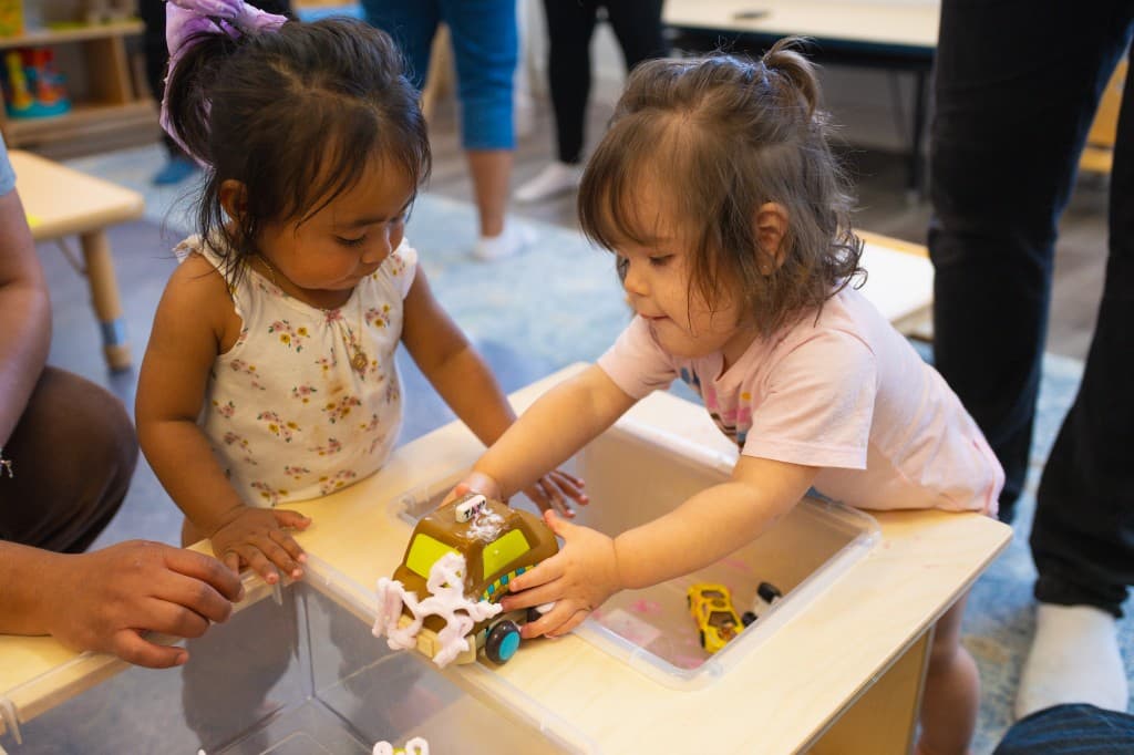 Two toddlers playing together at a sensory table with toy cars at Developing Mindful Lives.